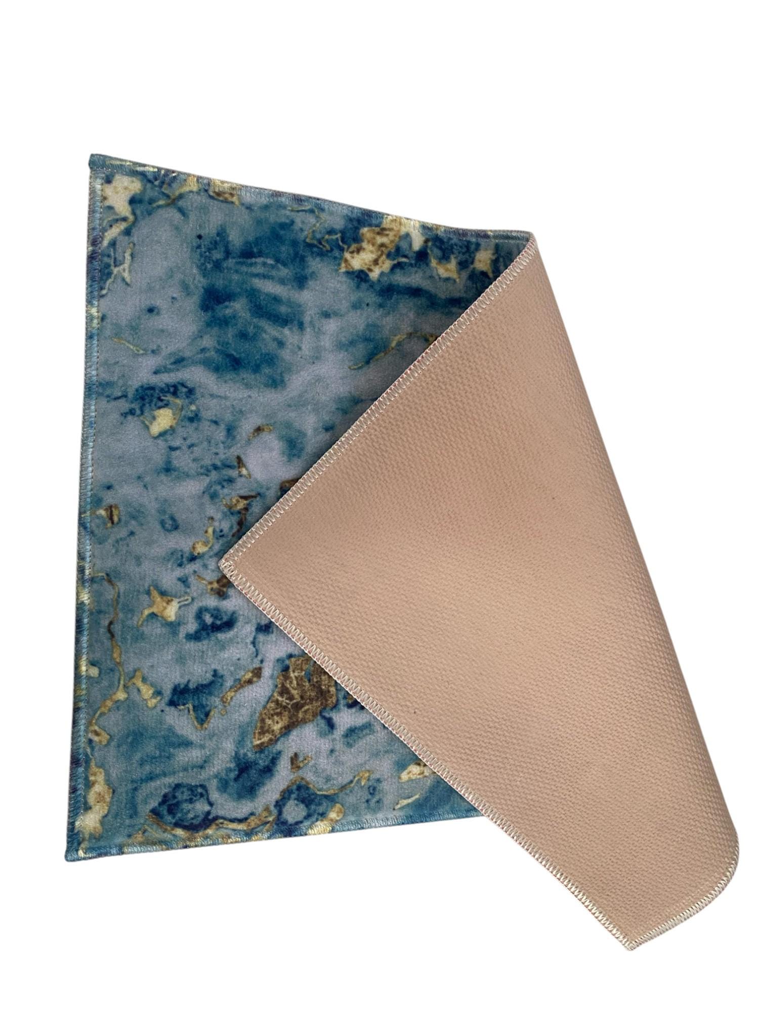 Blue Marble Bath Mat With Gold Glitter - Non-Slip, Water Absorbent, Machine Washable, 19.5x31.5 Inch Bathroom Rug