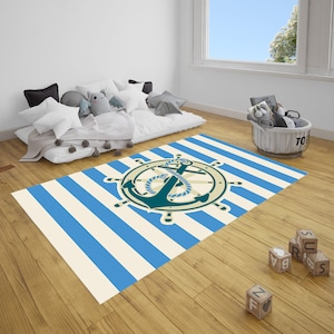 Sea Blue Children Rudder Rug, Nautical Rudder Anchor Rug, Yacht Rug, Floor Family Gift Living Room Decor, Ocean Lover Home Decor Rug, Anchor