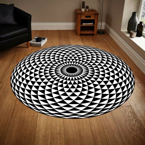 Geometrischer Runder Teppich: Modernes Schwarz-Weiß-Muster