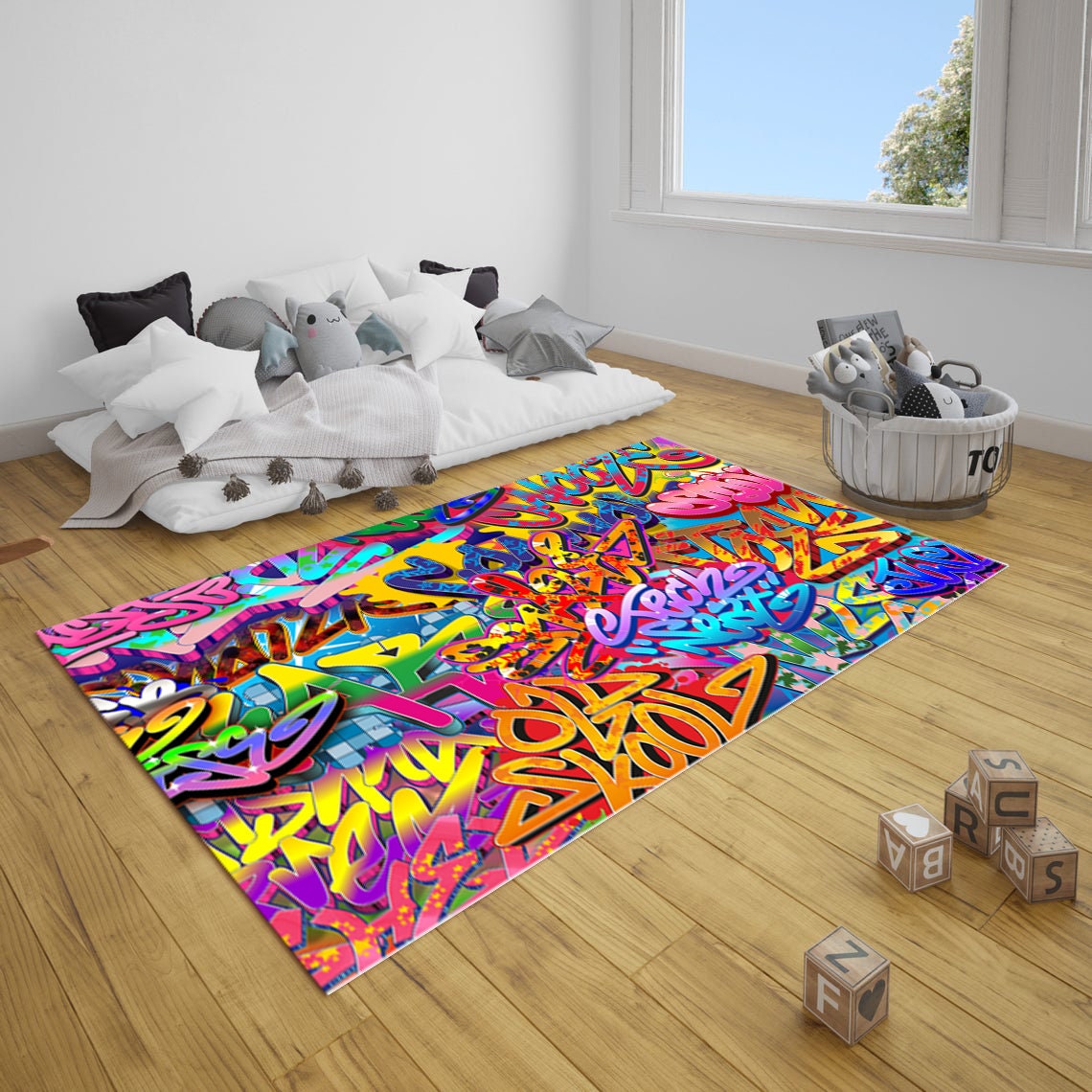 ラグ　good vibes only  グラフィティー　タフティング Amazon.com: Art&Tuft Washable Rug, Anti-Slip Backing