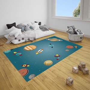 Alfombra infantil con diseño de planetas espaciales de dibujos animados, antideslizante, lavable, educativa, para sala de juegos, dormitorio, sistema solar, gran área
