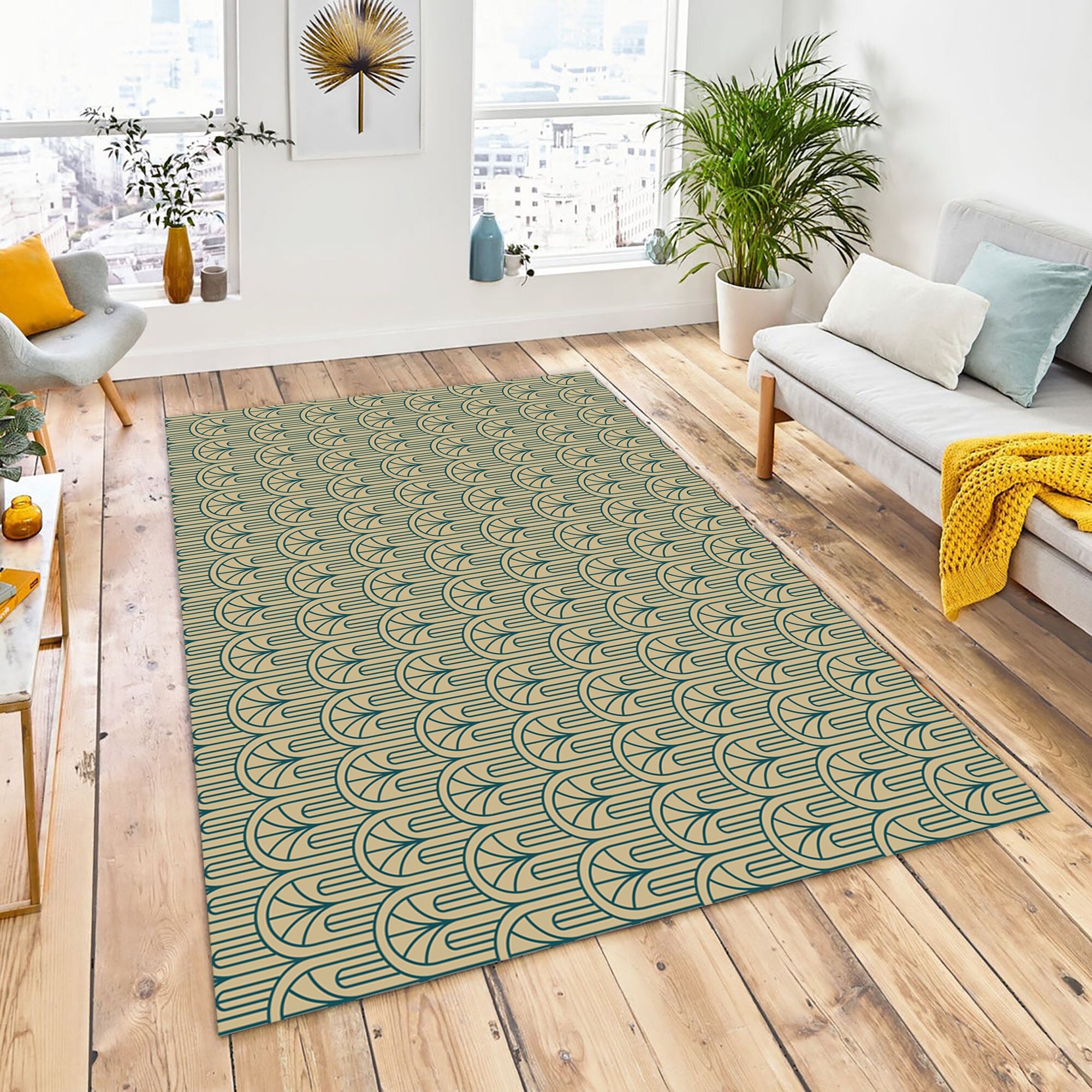 Art Deco Rug: Golden Japanese Wave Pattern, Modern Carpet - Etsy