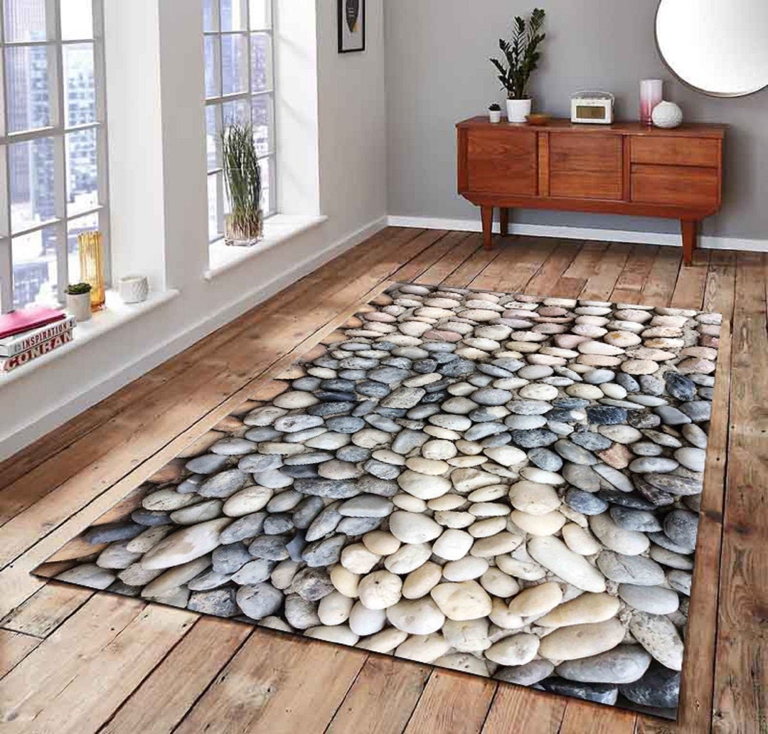 Stone Tile Rug Pebble Stone Print Rug: Modern Kitchen Bath Floor Covering - Etsy
