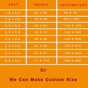 Puede incluir: Un gr&aacute;fico que muestra diferentes tama&ntilde;os para alfombras personalizadas en pies, pulgadas y cent&iacute;metros. El gr&aacute;fico incluye tama&ntilde;os que van desde 1,6 pies por 2,2 pies hasta 5,9 pies por 9,2 pies. El texto "O Podemos Hacer Tama&ntilde;os Personalizados" est&aacute; en la parte inferior del gr&aacute;fico.