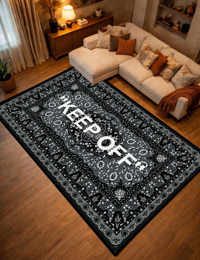 Keep Off Area Rug,Dark Bandana Style Rug,Gothic Black Rug,Statement Living Room Rug,Modern Alternative Home Decor image 2