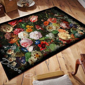 Floral Runner,Damask Non Slip Carpet,Flowers Pattern,Gothic Area Rug,Rose Dark Floor Art,Machine Washable Carpet,Black Fringed Mat,Area Rug