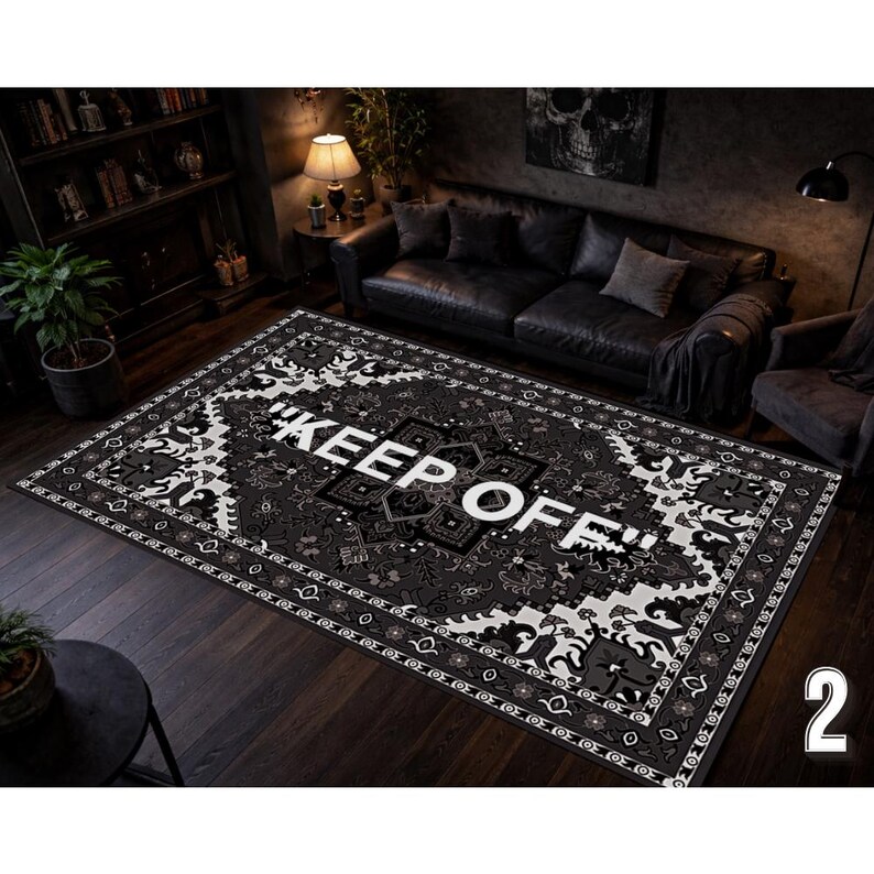 Keep Off Area Rug,Dark Bandana Style Rug,Gothic Black Rug,Statement Living Room Rug,Modern Alternative Home Decor Model2