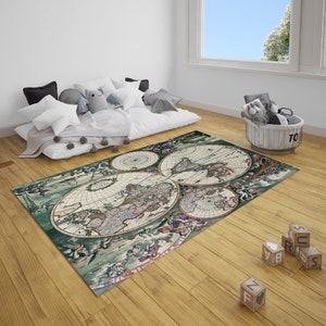 May include: A vintage world map rug in green, brown, and white colors. The rug features a detailed map of the world with continents and oceans. The rug is laid out on a wooden floor in a room with a white couch and a white wicker basket.