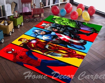 May include: A colourful rug featuring a comic book style illustration of the Avengers, including Spider-Man, Iron Man, Captain America, Thor, and Hulk. The rug has a red, yellow, blue, green, and purple colour scheme.