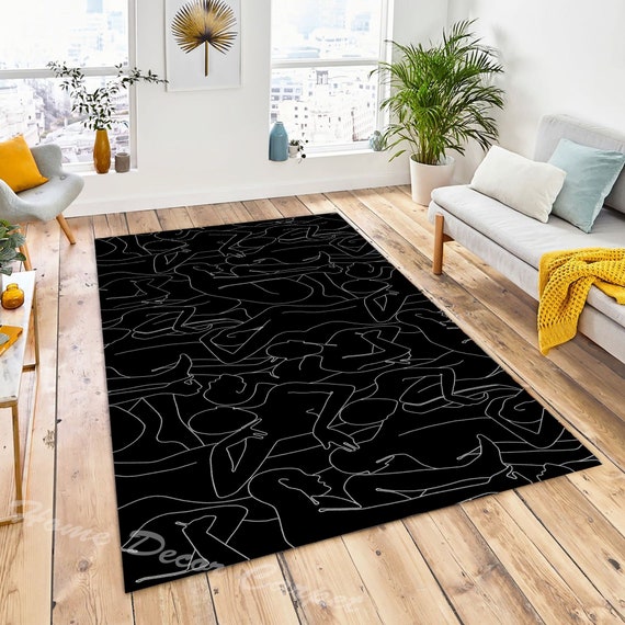 Black Line Geometric Area Rug, Boho Long Bath Mat Non-slip