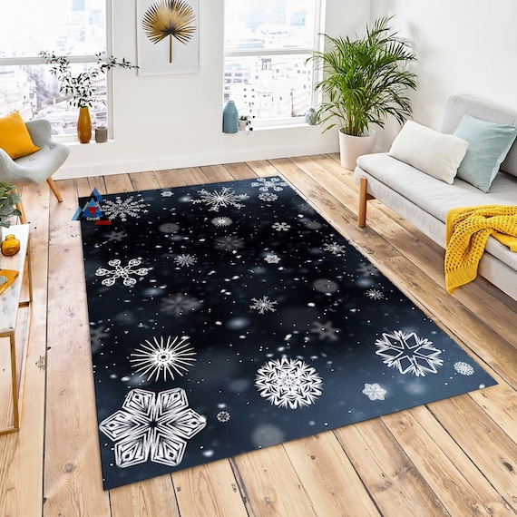 Snow Day Winter Rug, Snowflake, Seasonal Christmas, Winter Snowflake Rug,designer  Rug, Black Rug, Farm Rug, Indoor Rug, Boys Rug, Girsl Rug 