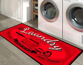 Laundry Pattern,Machine Washable Rug,Laundry Room Runner,Laundry Room Mat,Laundry Room Rug,Bathroom Rug,Bathroom Mat,Non-slip Rug,Red Runner