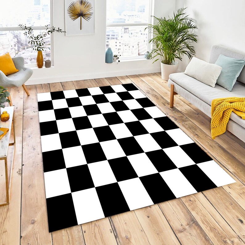 Checkered Checkered Rug Black White Rug Checkered Design Etsy