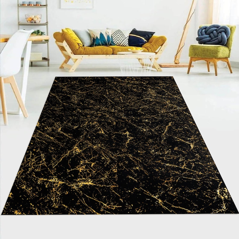 Marble Pattern Rug Black and Gold Marble Texture Rug Area Rug Etsy