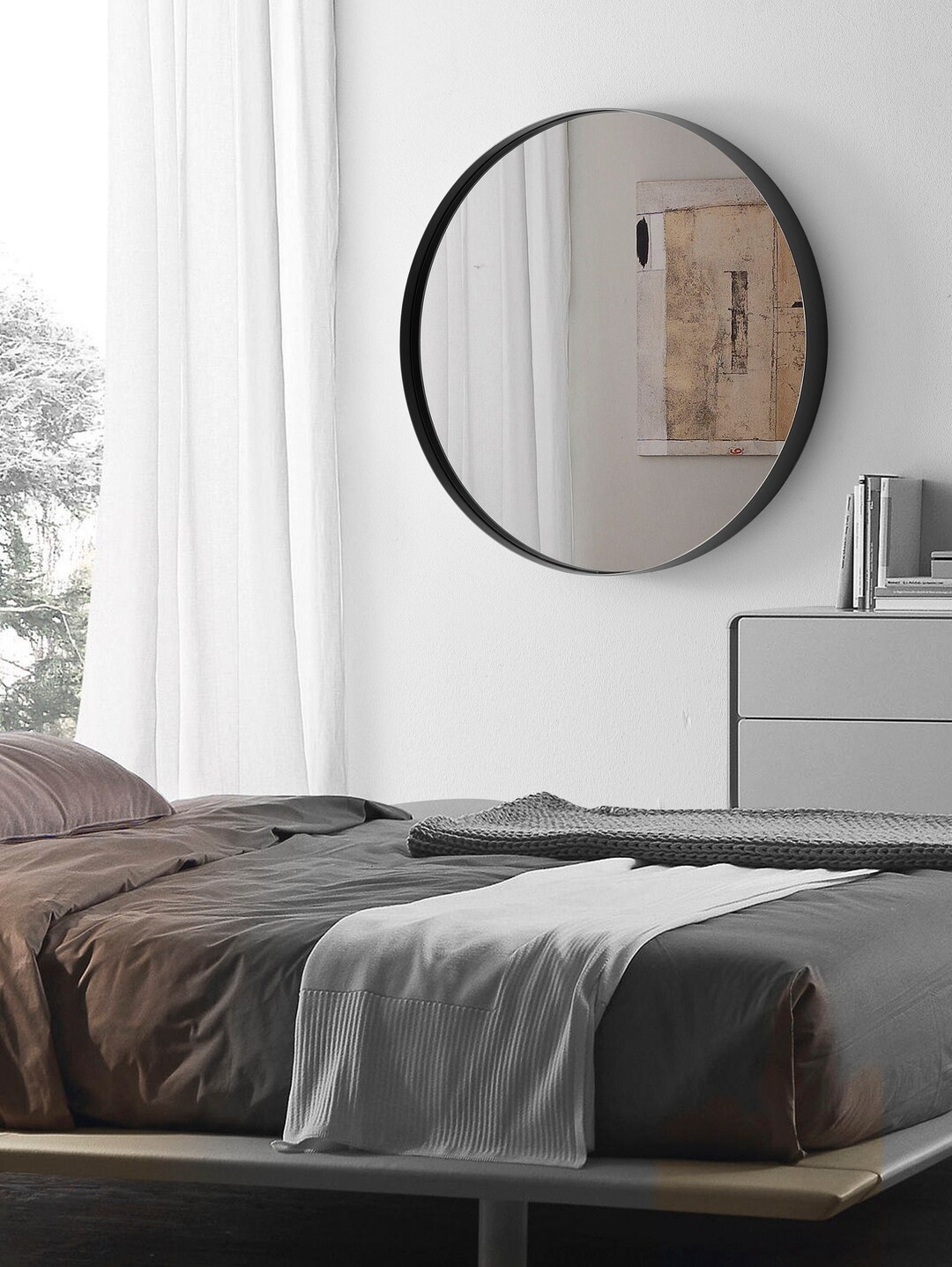 Black Round Bathroom Mirror 24 and 30 Inches Aluminum Metal Frame for a