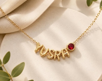 Gepersonaliseerde bubbel naamketting aangepaste 3D-bubbel letter voorletter, naam, sierlijke ketting sieraden cadeau voor haar met geboortesteen | Verstelbaar