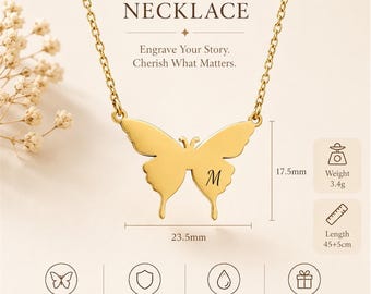 Gepersonaliseerde vlinderketting | Op maat gegraveerde roestvrijstalen hanger (goud/zilver)