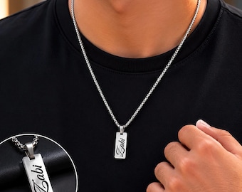 Gepersonaliseerde staafketting voor heren aangepaste naamketting | Gegraveerde verticale ketting met hanger | Roestvrijstalen naamplaatje sieraden cadeau voor hem