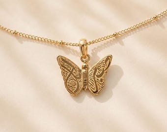 Gouden vlinderketting, Arabische sabr Amal-kalligrafie, roestvrijstalen hanger