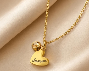 Gepersonaliseerde naamketting hart met geboortesteen | Aangepaste gouden harthangerketting | Gegraveerde naamsieraden cadeau voor moeder, dochter, vrouw.