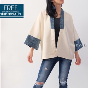 DaYoki - Beige indigo blue cotton cover up, one of a kind Thai cotton cover up, beige kimono, beige indigo blue light Jacket, boho cover up