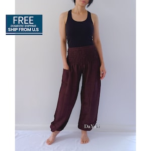 DaYoki Comfy Yoga Pants, High Waisted Smocked Yoga Pants, Dark Chocolate, Thai Yoga Pants, Harem Baggy Pants. FREE U.S domestic shipping image 1