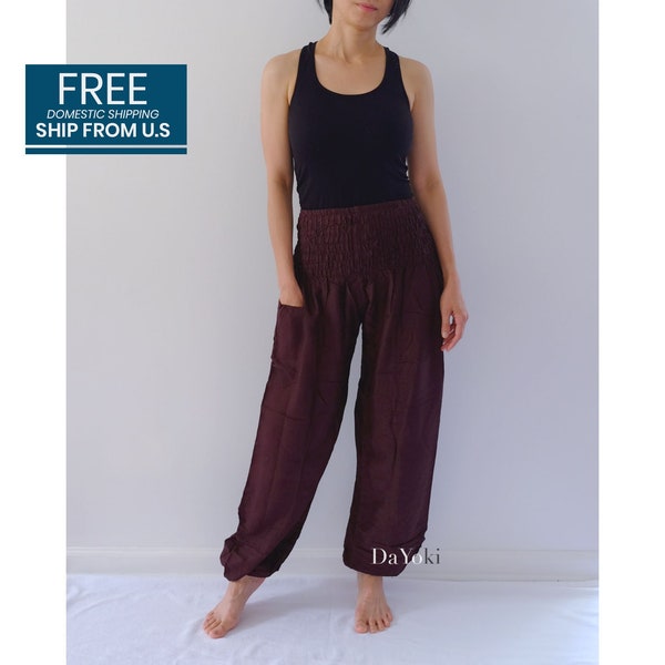 DaYoki - Comfy Yoga Pants, High Waisted Smocked Yoga Pants, Dark Chocolate, Thai Yoga Pants, Harem Baggy Pants. FREE U.S domestic shipping