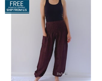 DaYoki - Pantalon de yoga confortable, pantalon de yoga smocké taille haute, chocolat noir, pantalon de yoga thaïlandais, pantalon Harem Baggy. Livraison nationale GRATUITE AUX ÉTATS-UNIS