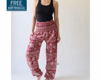 DaYoki - Comfy Yoga Pants, High Waisted Smocked Yoga Pants, Red Small Elephants, Thai Yoga Pants, Baggy Pants. FREE U.S domestic shipping