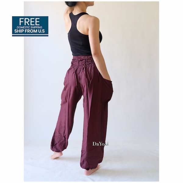 DaYoki - Comfy Yoga Pants, High Waisted Smocked Yoga Pants, Brown Mahogany, Thai Yoga Pants, Harem Baggy Pants. FREE U.S domestic shipping