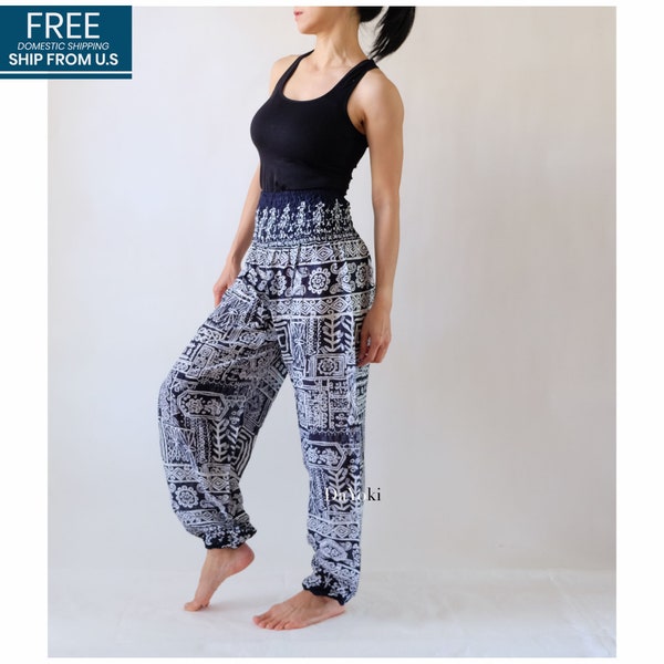 DaYoki - Comfy Yoga Pants, High Waisted Smocked Yoga Pants, Navy White Tribe Thai Yoga Baggy Pants, Baggy Pants, FREE U.S domestic shipping