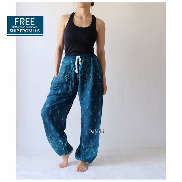 DaYoki - Comfy Yoga Pants, Elastic Tie Yoga Pants, Cobalt Blue Floral Stars, Thai Yoga Baggy Pants, Baggy Pants, FREE U.S domestic shipping