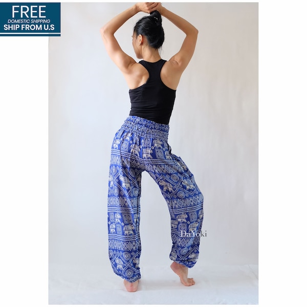 DaYoki - Comfy Yoga Pants, High Waisted Smocked Yoga Pants, Blue Small Elephants, Thai Yoga Pants, Baggy Pants. FREE U.S domestic shipping