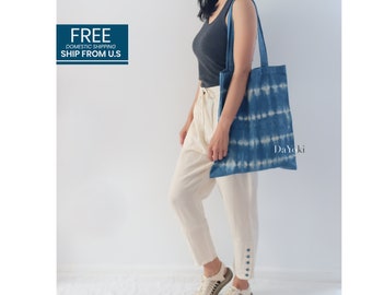 DaYoki - Natural blue white indigo dyed thick cotton Handmade Shoulder Tote Bag, FREE U.S domestic shipping