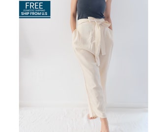 DaYoki - Natural White Beige Ivory Cotton Baggy Relaxed Tie Waist Comfy Yogi Pants