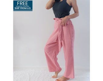 DaYoki - Pastel Light Pink Cotton Baggy Relaxed Tie Waist Comfy Yogi Pants