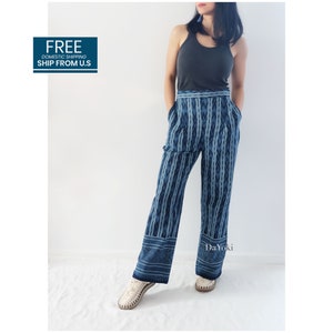 DaYoki - Indigo High-Rise Tribal Cotton Pants, Natural indigo blue navy tribal casual straight pants, FREE U.S domestic shipping