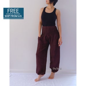 DaYoki Comfy Yoga Pants, High Waisted Smocked Yoga Pants, Dark Chocolate, Thai Yoga Pants, Harem Baggy Pants. FREE U.S domestic shipping image 2