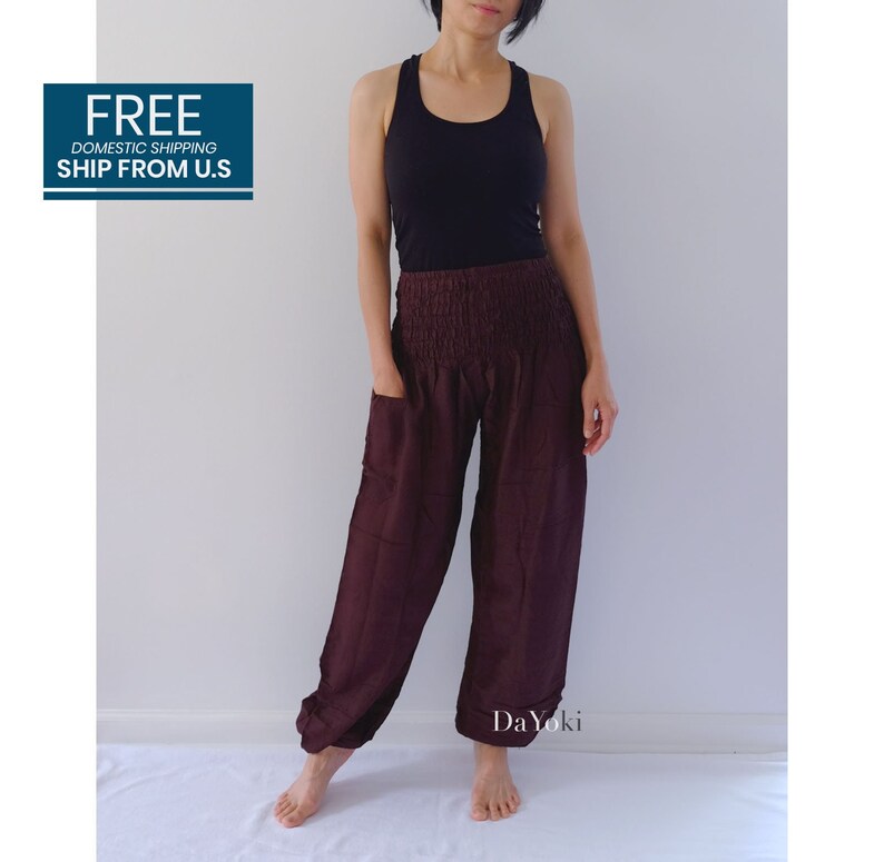 DaYoki Comfy Yoga Pants, High Waisted Smocked Yoga Pants, Dark Chocolate, Thai Yoga Pants, Harem Baggy Pants. FREE U.S domestic shipping image 1