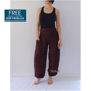 DaYoki Comfy Yoga Pants, High Waisted Smocked Yoga Pants, Dark Chocolate, Thai Yoga Pants, Harem Baggy Pants. FREE U.S domestic shipping image 4