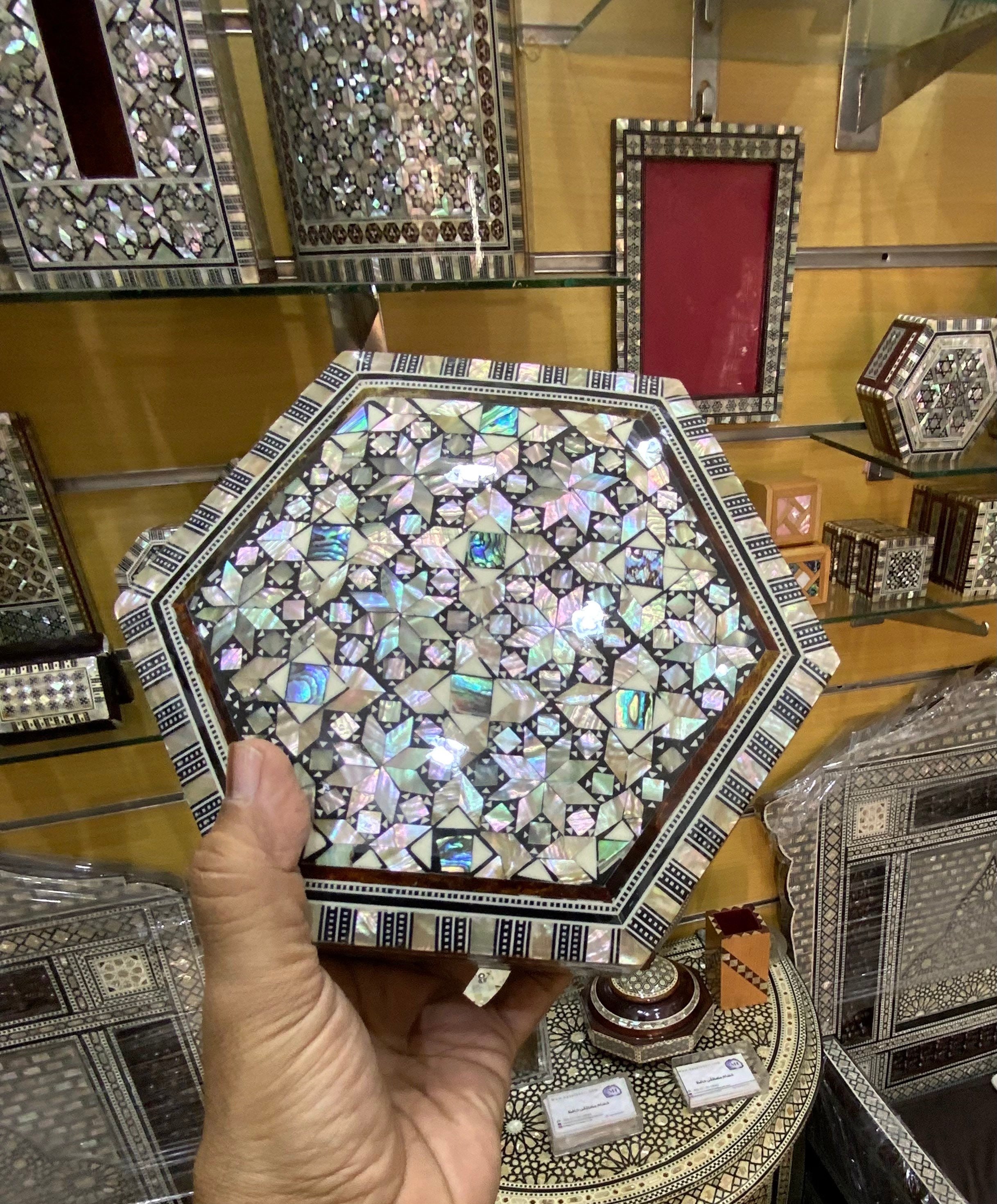 Handmade Hexagonal Jewelry Box: Blue Paua Shell & Mother of Pearl Inlay