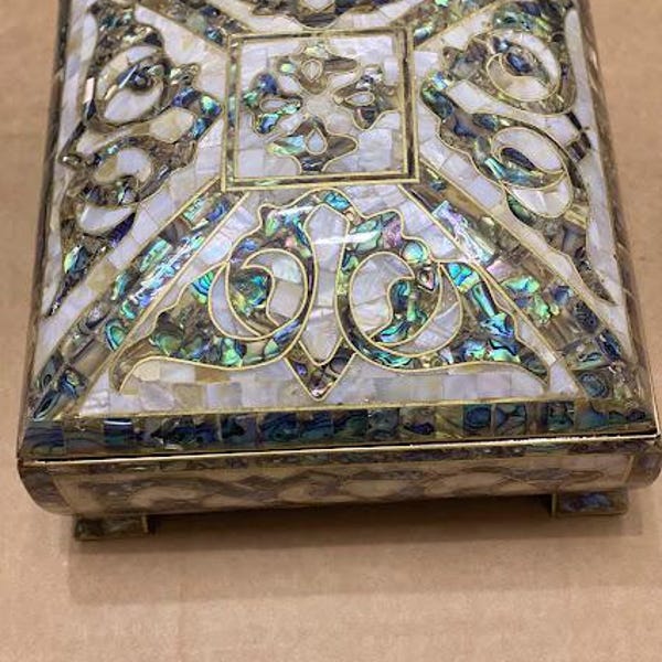 Handmade Egyptian Jewelry Box, Brass, Paua Shell & Mother of Pearl Inlay