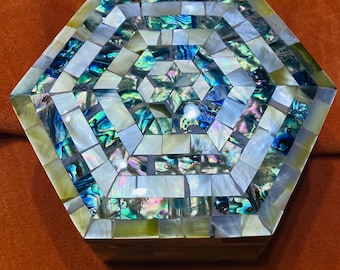 Mother of Pearl Inlay Jewelry Box: Blue Paua Shells, Handmade Beech Wood