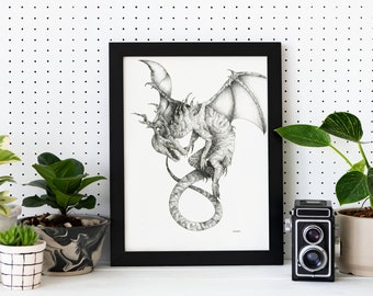 Limited Edition Art Print "Dragon" - A4 pen and ink print | Auternative fantasy drawing