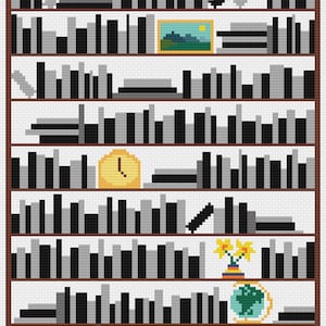 May include: A brown wooden bookcase with 9 shelves filled with black and grey books. The top shelf has the year 2021 on a sign. There are various decorative items on the shelves, including a clock, a globe, a picture, and a vase with flowers.