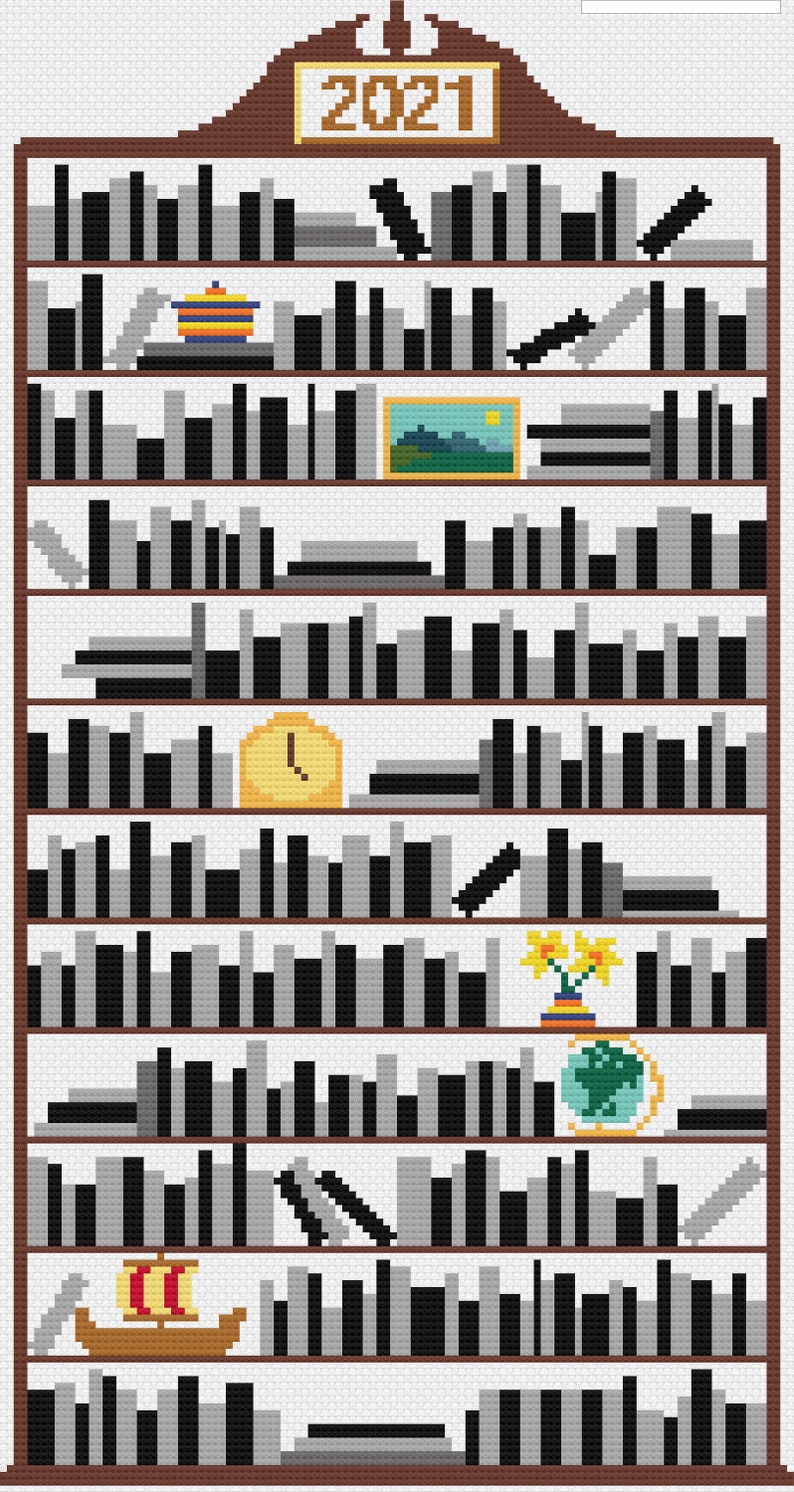 May include: A brown wooden bookcase with 9 shelves filled with black and grey books. The top shelf has the year 2021 on a sign. There are various decorative items on the shelves, including a clock, a globe, a picture, and a vase with flowers.