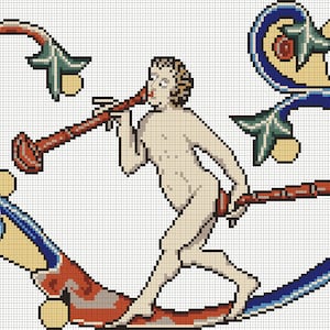 May include: A cross-stitch pattern featuring a nude figure playing a musical instrument, surrounded by stylized floral designs in shades of blue, green, red, and yellow.