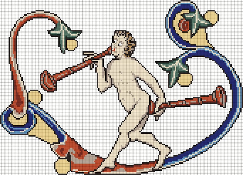 May include: A cross-stitch pattern featuring a nude figure playing a musical instrument, surrounded by stylized floral designs in shades of blue, green, red, and yellow.