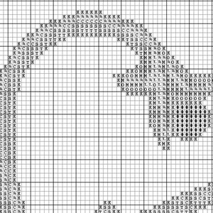 May include: Black and white cross stitch pattern with a design of a bird with its wings spread. The pattern is on a white grid with black letters.