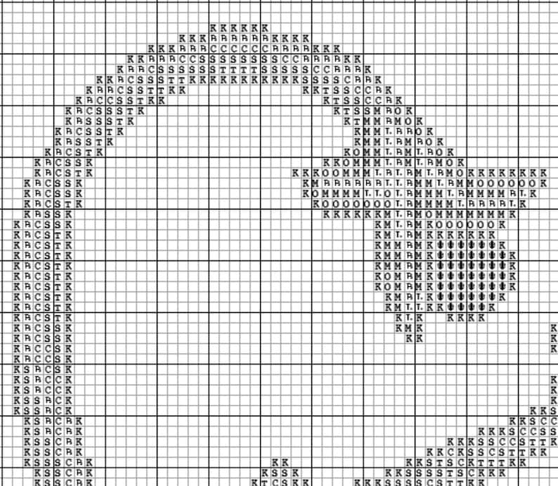 May include: Black and white cross stitch pattern with a design of a bird with its wings spread. The pattern is on a white grid with black letters.